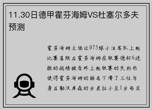 11.30日德甲霍芬海姆VS杜塞尔多夫 预测
