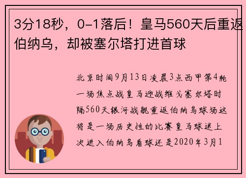 3分18秒，0-1落后！皇马560天后重返伯纳乌，却被塞尔塔打进首球